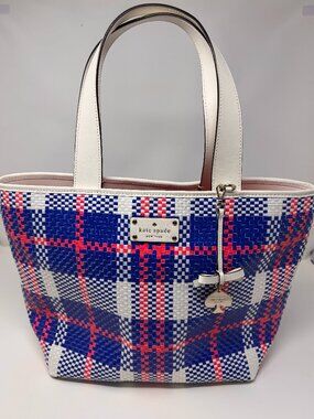 NWT Kate Spade Grand Plaid Woven Tote Blue White Red Summer Bag 17"